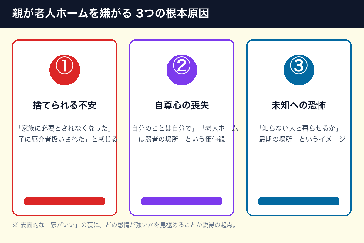 親が老人ホームを嫌がる3つの根本原因 — 捨てられる不安/自尊心の喪失/未知への恐怖